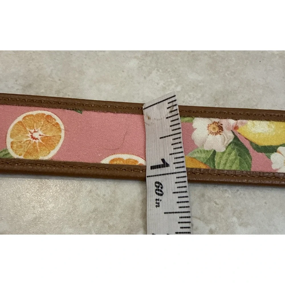 Talbots Pink Belt Orange Fruit Print Leather Trim Gold Tone Buckle Sz L Preppy